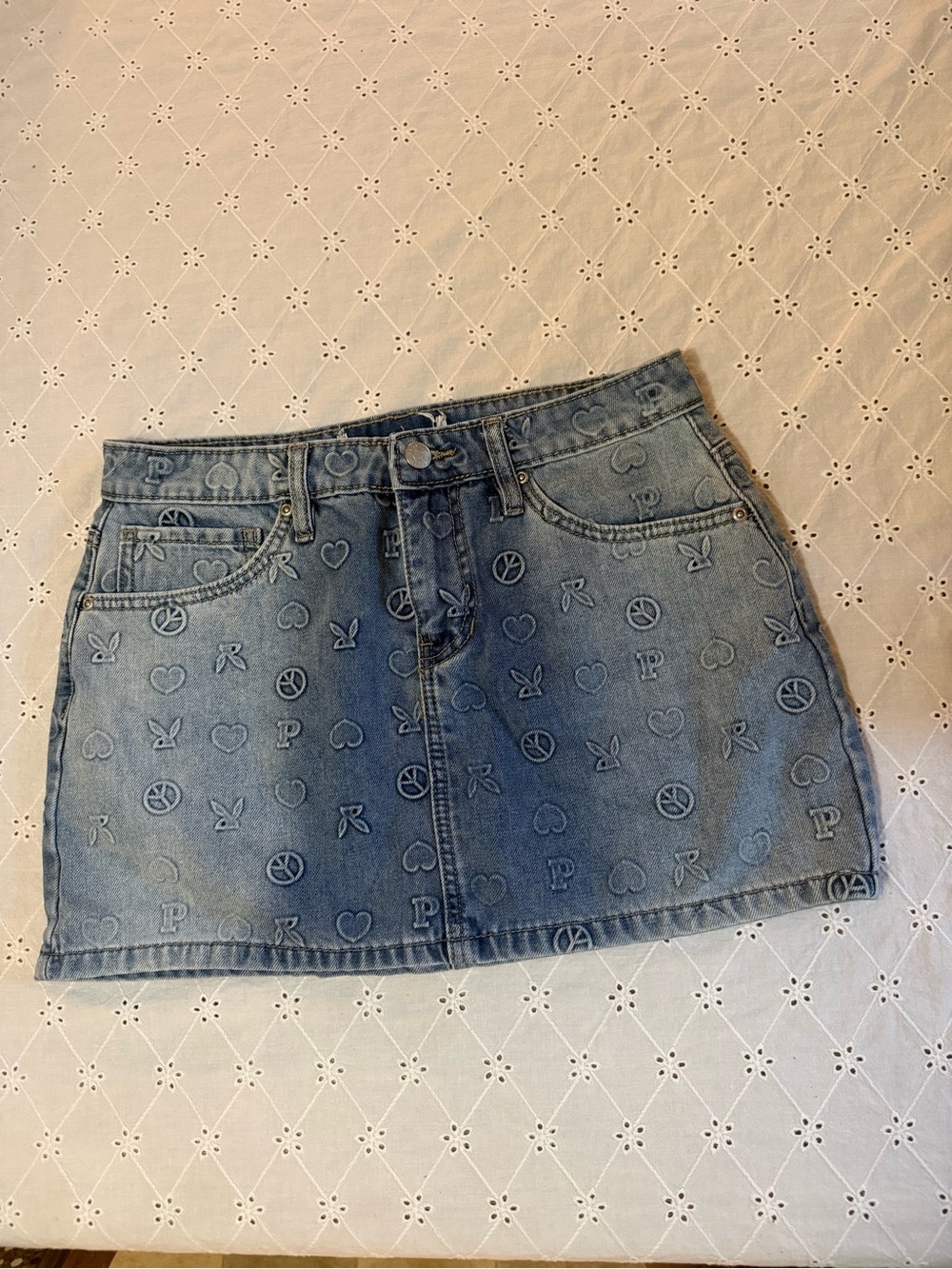 Playboy Denim Mini Skirt with Embossed - Light Blue
